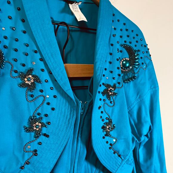 Vintage 80s Two Piece Jumpsuit & Jacket Set Teal/Turquoise Beaded Embellished 10 - Picture 3 of 16